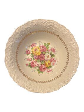 Vintage Edwin M. Knowles 22K Gold Floral Serving Bowl Embossed Rim Pink Yellow R
